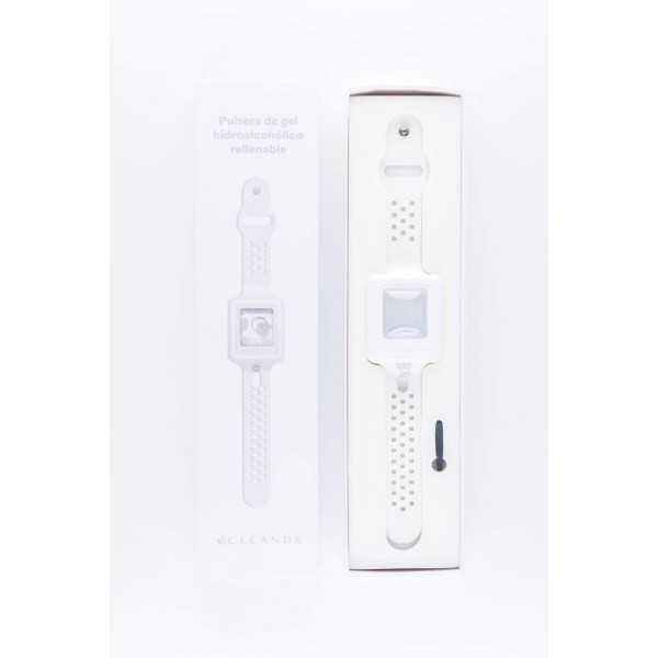 PULSERA DISPENSADORA DE GEL HIDROALCOHÓLICO CON ALOE VERA BLANCA CLEANDS