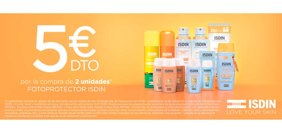 5€ de descuento por compras de 2 unidades fotoprotector